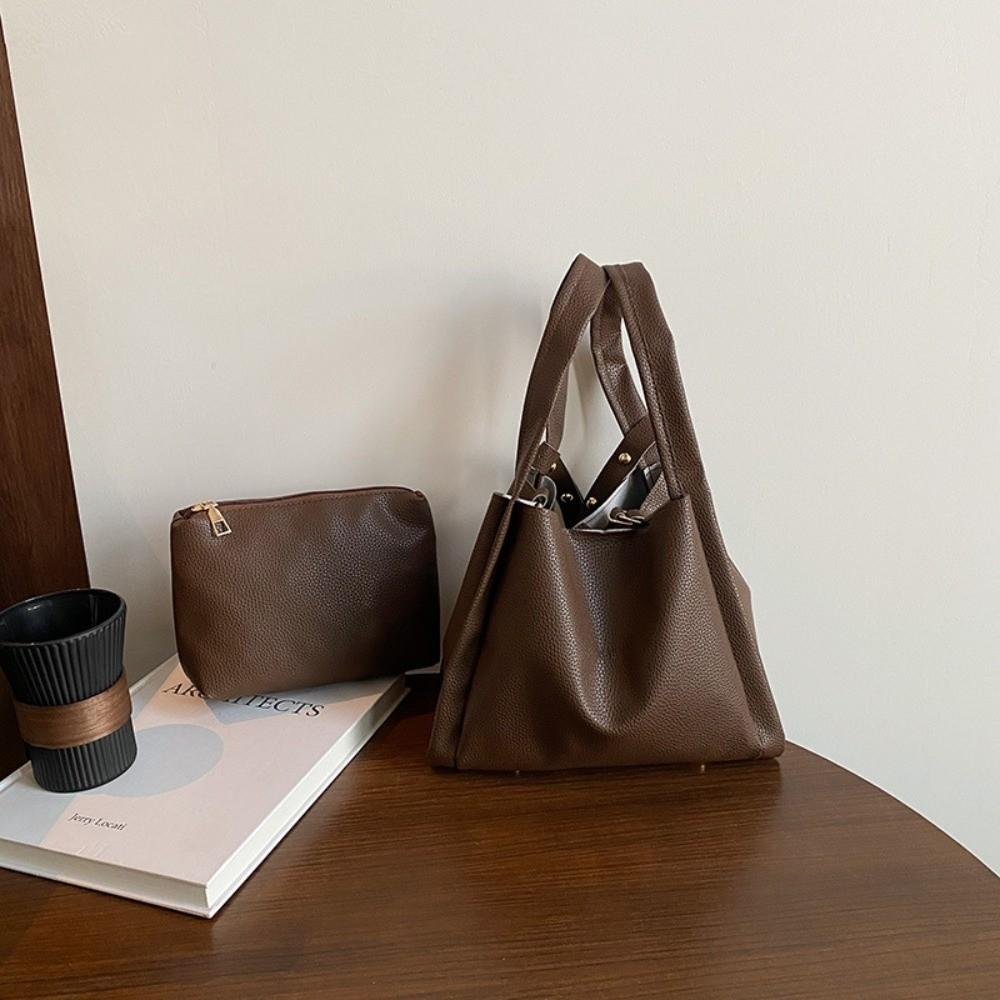 ChangshaA 2pcs/set Pu Leather Bucket Handbags Solid color Underarm Bag Casual Single Shoulder Bag  Commuting Style 4
