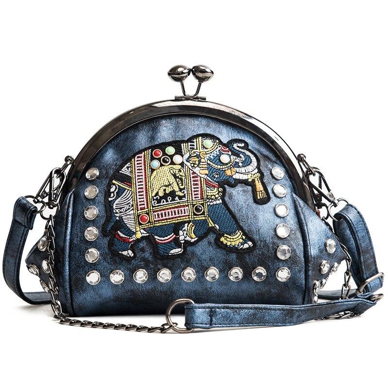 RUWB BAGS Borduren Olifant Zakslot Shell Tassen PU Lederen Ketting Dames Schouder Crossbody Tas Insert Diamanten Dameshandtassen blauw