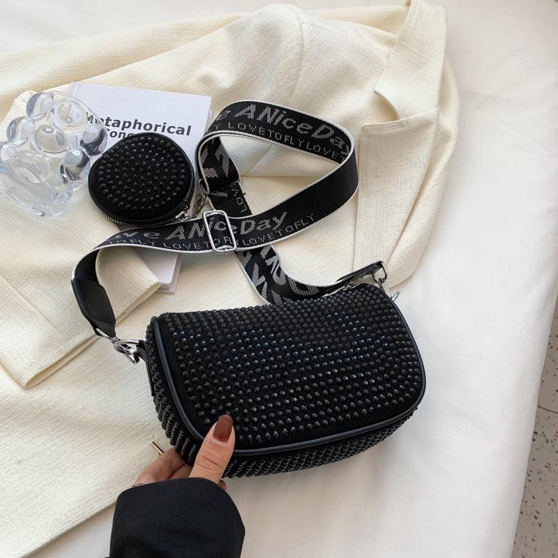 Tringa Kleine strass crossbody tassen hobo handtassen voor vrouwen, multifunctionele zachte schoudertas met portemonnee 2 stuks/set zwart