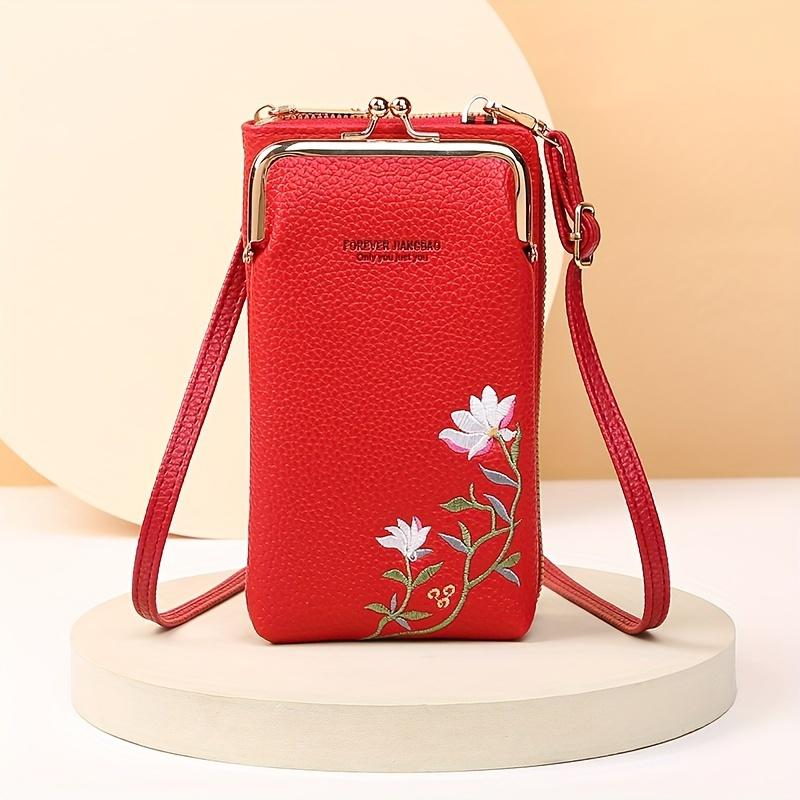 RUWB BAGS Mini bloemen geborduurde crossbody tas Stijlvolle dames casual handtas met kaarthouder Portemonnee portemonnee en telefoonvak Dagelijks gebruik en reizen rood