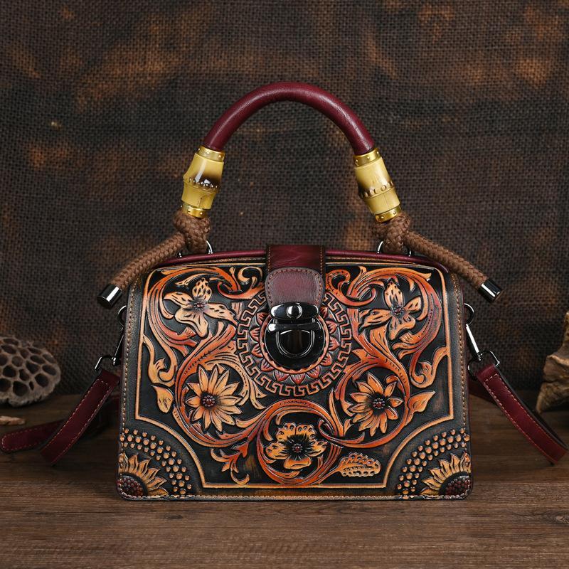 Johnature Vintage luxe handtas handgemaakte lederen gesneden damestas Veelzijdige vrouwelijke schouder- en crossbodytassen bordeaux