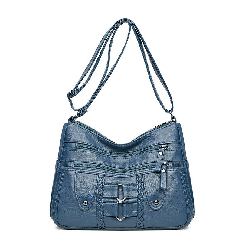 Kuluosidi Zacht leren kleine tas met dubbele laag damestas crossbody tas middelbare leeftijd moeder schoudertas blauw