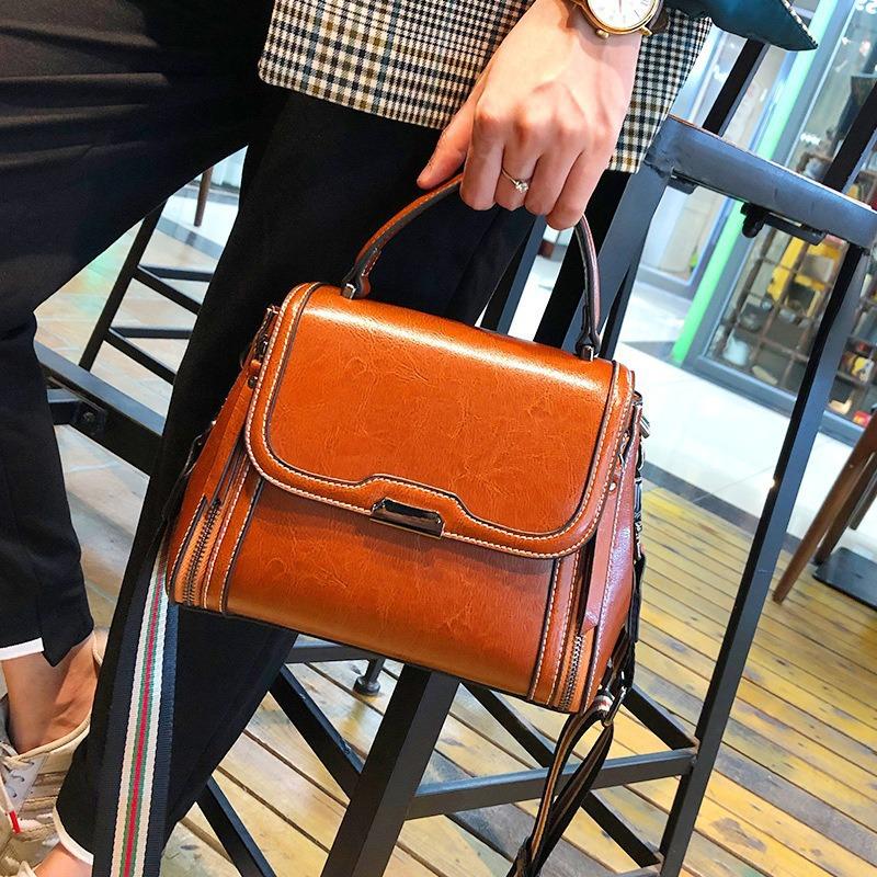 VIA ROMA Vintage stijl Echt leer Premium Sense All-match Kleine vierkante tas Koeienhuid Schoudertas Crossbody tas One Size bruin