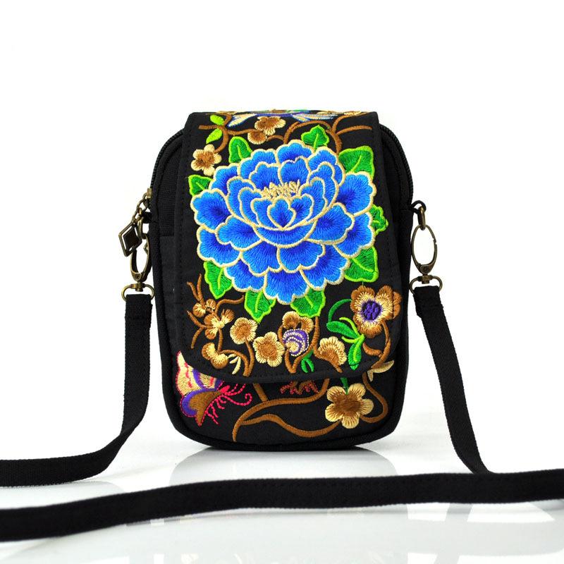 VIA ROMA Reistelefoontas Nationale Canvas Schoudertas Kleine Vintage Boho Etnische Borduurtas voor Dames Reistasje Bloemen