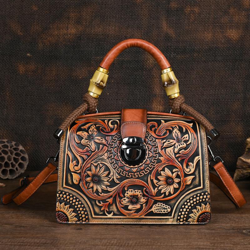 Johnature Vintage luxe handtas handgemaakte lederen gesneden damestas Veelzijdige vrouwelijke schouder- en crossbodytassen