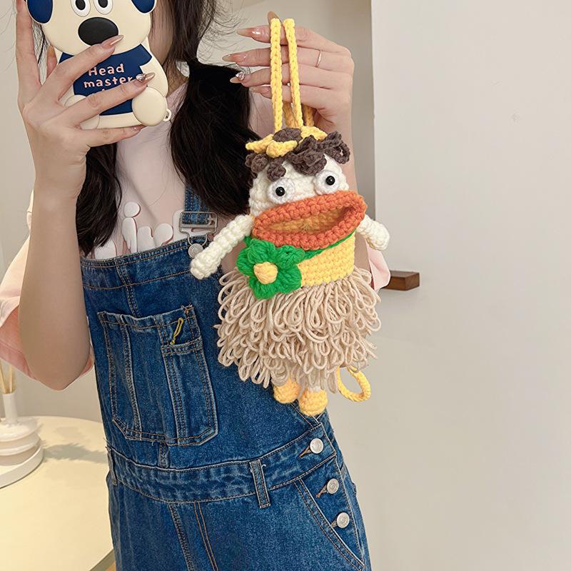 Umsif Dames Cartoon Handgeweven Crossbodytas Mobiele telefoontassen Worstmond Vrouwelijk DIY Gebreid Kleine Messenger Bags Portemonnee Kaarthouder kaki