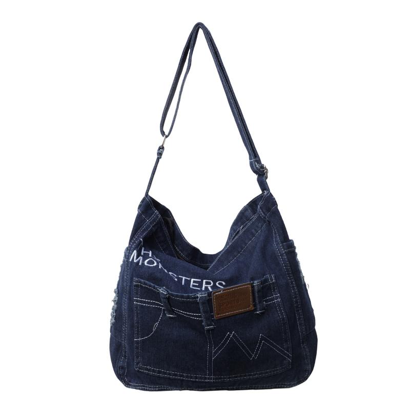 Kuluosidi Denim Tote Bag Dames Schoudertas Crossbody Tas Studenten Klas Tas donkerblauwe kleur