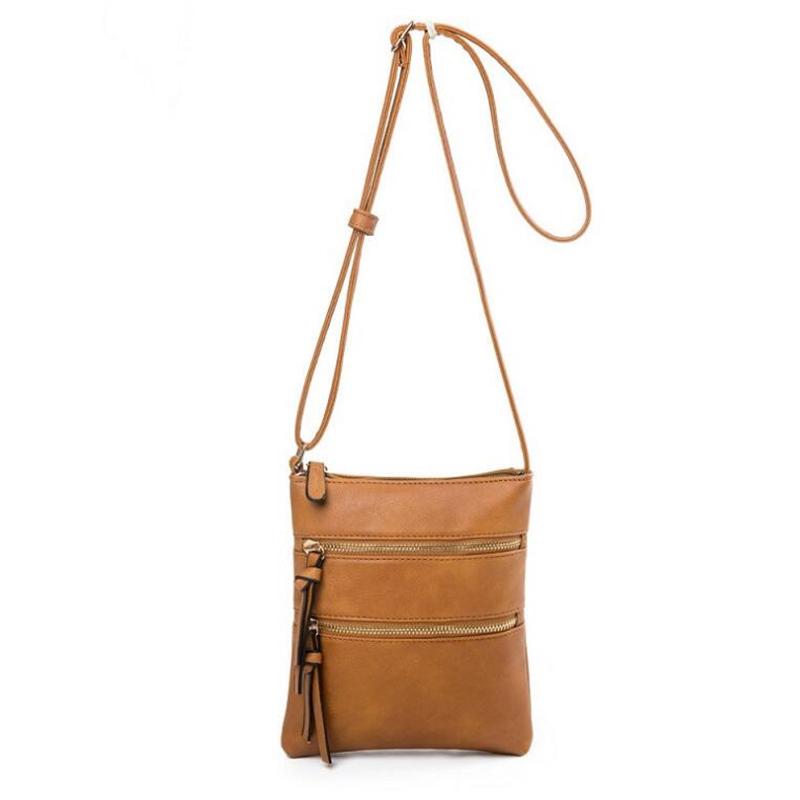 Yogodlns Casual Effen Kleur Vrouwen Schouder Messenger Tassen Dubbele Ritsen Kleine Sling Telefoon Portemonnee  18*21cm bruin