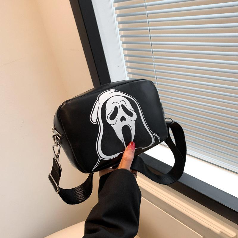 Yogodlns Halloween Funny Skeleton PU Leather Zipper Shoulder Bag Small Square Bag Casual Women Ghost Crossbody Bag ghost zwart