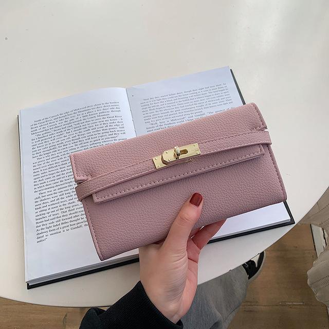 New boy 02 Vrouwen Zwarte Leren Turn Lock Leren Bifold Lange Portemonnee roze
