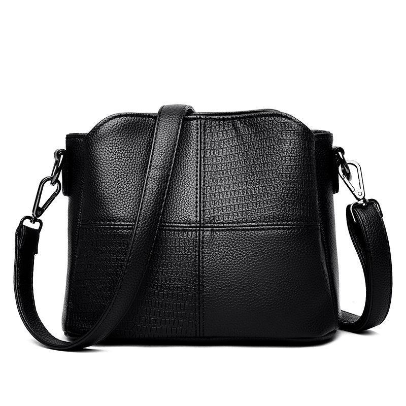 Yogodlns Retro Stitching Soft Leather Schoudertas voor Vrouwen Eenvoudige Effen Kleur Crossbody Tas 25x13x19cm zwart