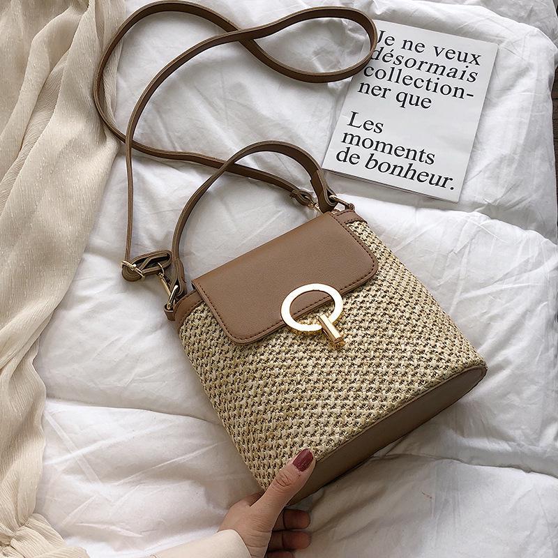 YOUHUAGUO Casual kettingen stro emmer tassen vrouwen zomer messenger bag rotan tassen strand dame reizen portemonnees en handtassen schoudertas 20x12x21cm
