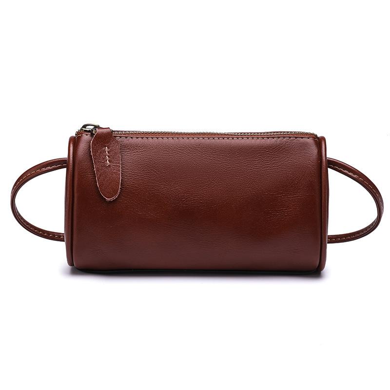 The Bags Family Leren damestassen, tassen, schoudertassen voor dames, koerierstassen, cilindrische tassen, casual modetrendtassen, dames donkerbruine kleur