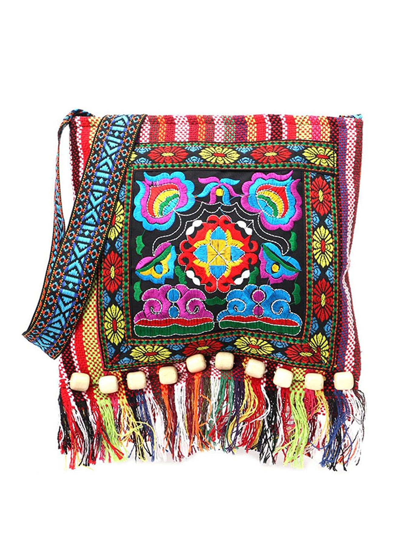 Fashion Digital Cart Natiestijl dameshandtas Vintage etnische schoudertas Borduren Boho Hippie Tassel Tote Messenger Fashion zwart