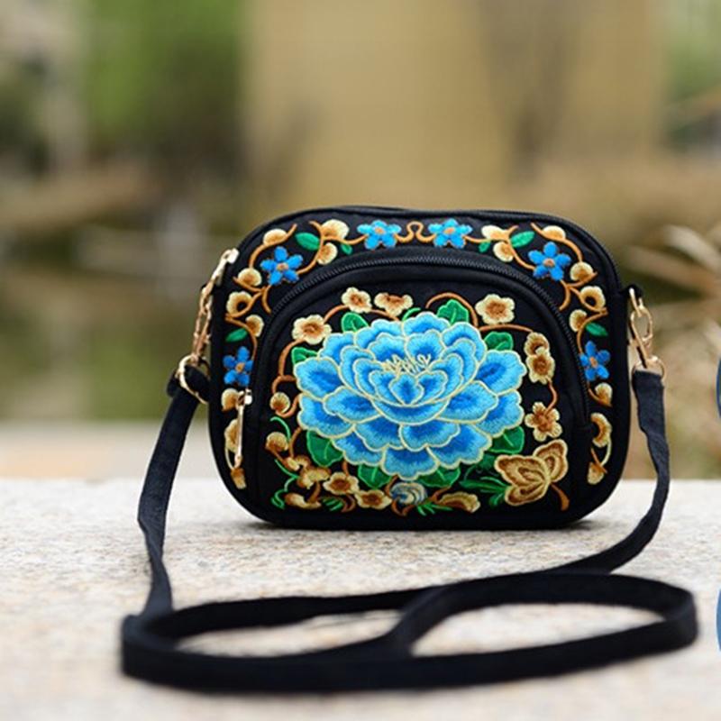 Fashion Digital Cart Mode Reis Telefoon Portemonnee Nationaal Canvas Schouder Klein Vintage Boho Etnische Borduurwerk Tas voor Vrouwen Reistas Bloemen groen