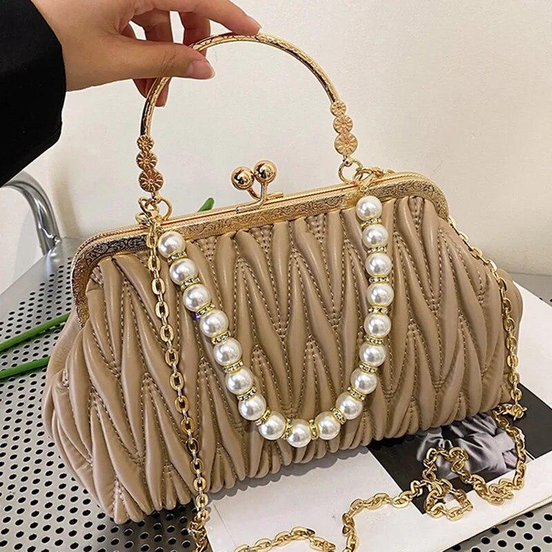 RUWB BAGS Mode Dames Oranje Groen Schoudertassen Prom Clutch Parelketting Crossbody Tassen Vrouwelijke chique bakken Pu lederen handtassen en portemonnee