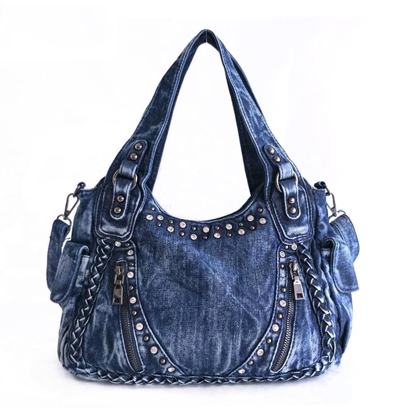 KaiTingu Mode Vrouwen Tas Denim Handtassen Vrouwelijke Jeans Schoudertassen Weefontwerp Vrouwen Tote Bag Messenger Bag blauw