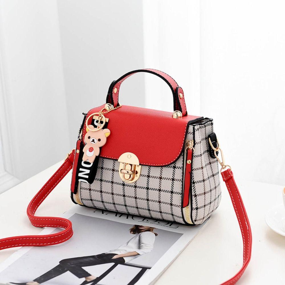 SHjiuyun PU leren crossbody tas met geruit patroon, messenger bag, modieuze handtassen voor dames L rood