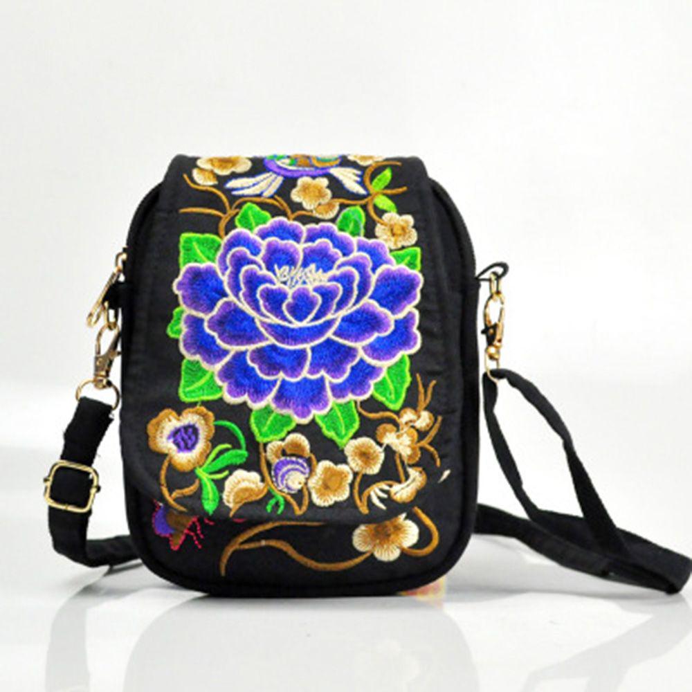 Fashion Digital Cart Mode Reis Telefoon Portemonnee Nationaal Canvas Schouder Klein Vintage Boho Etnische Borduurwerk Tas voor Vrouwen Reistas Bloemen paars