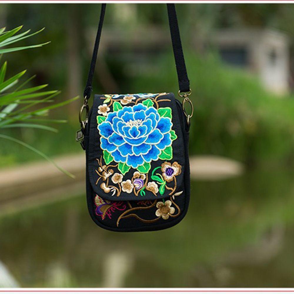 Fashion Digital Cart Mode Reis Telefoon Portemonnee Nationaal Canvas Schouder Klein Vintage Boho Etnische Borduurwerk Tas voor Vrouwen Reistas Bloemen blauw