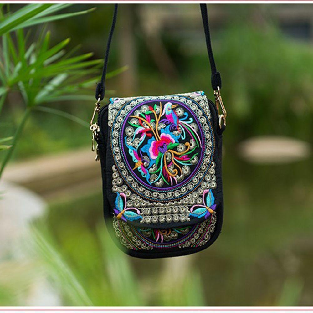 Fashion Digital Cart Mode Reis Telefoon Portemonnee Nationaal Canvas Schouder Klein Vintage Boho Etnische Borduurwerk Tas voor Vrouwen Reistas Bloemen wit