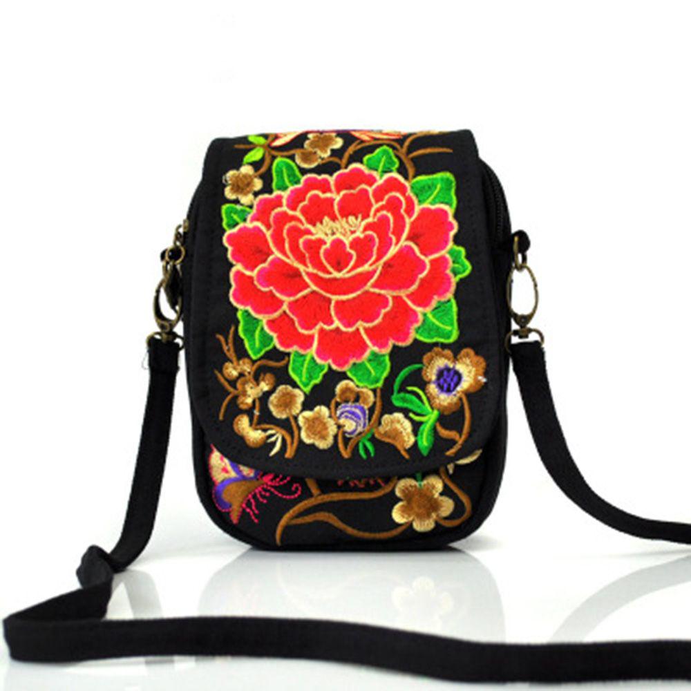 Fashion Digital Cart Mode Reis Telefoon Portemonnee Nationaal Canvas Schouder Klein Vintage Boho Etnische Borduurwerk Tas voor Vrouwen Reistas Bloemen rood