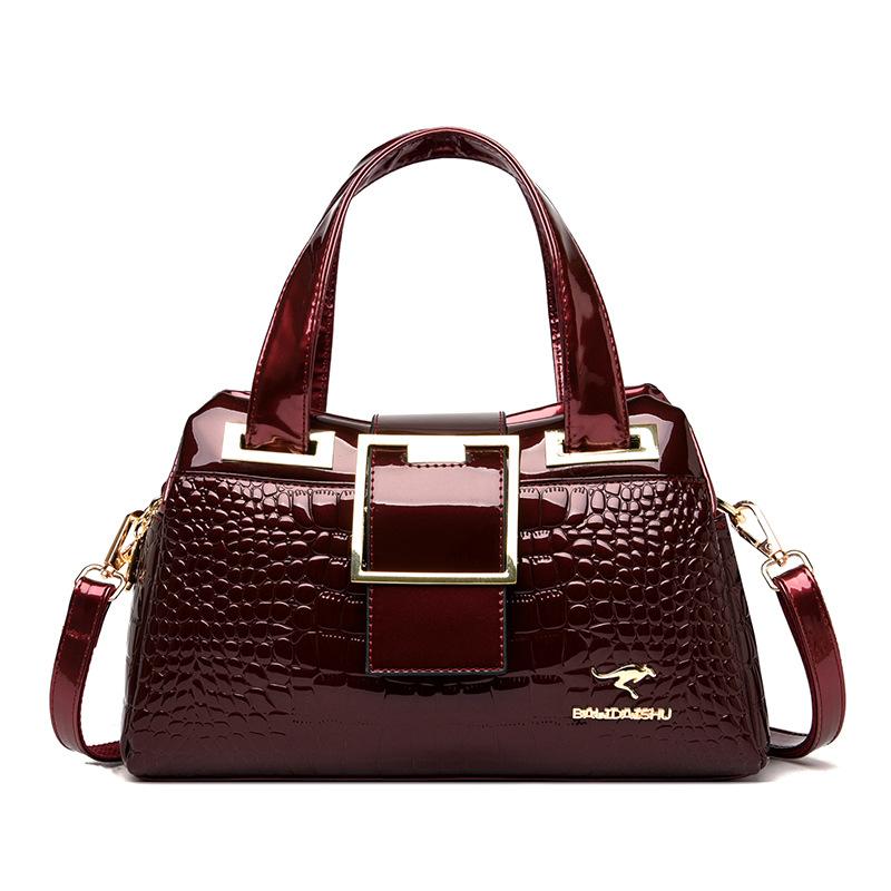 L.RIDING PULO Grote capaciteit drielaags zachte leren damestas schoudertas modieuze krokodillenpatroon lakleren glanzende kleine tas bordeaux