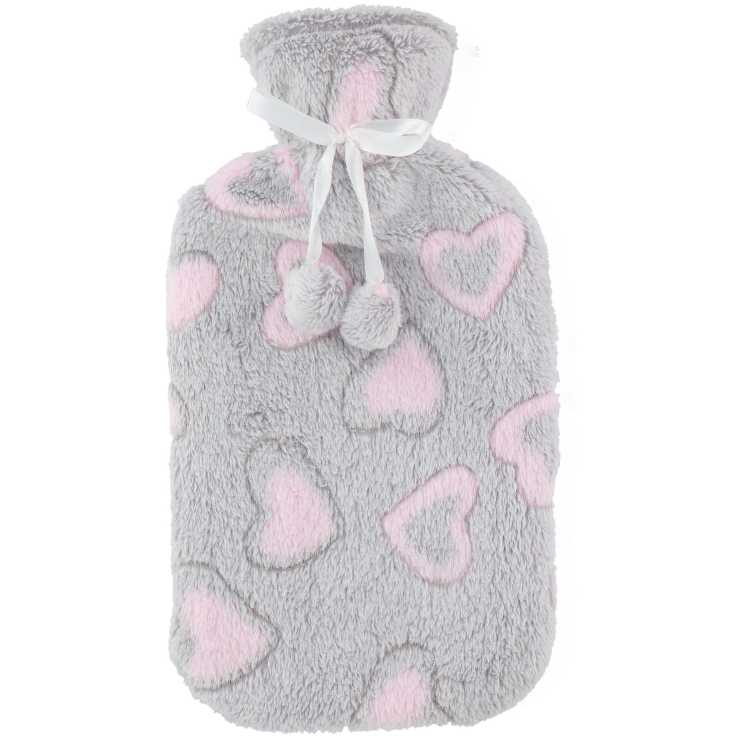 Home & Styling Warmwaterkruik - 2L - grijs/roze - met hoes - kruik - hartjes print -