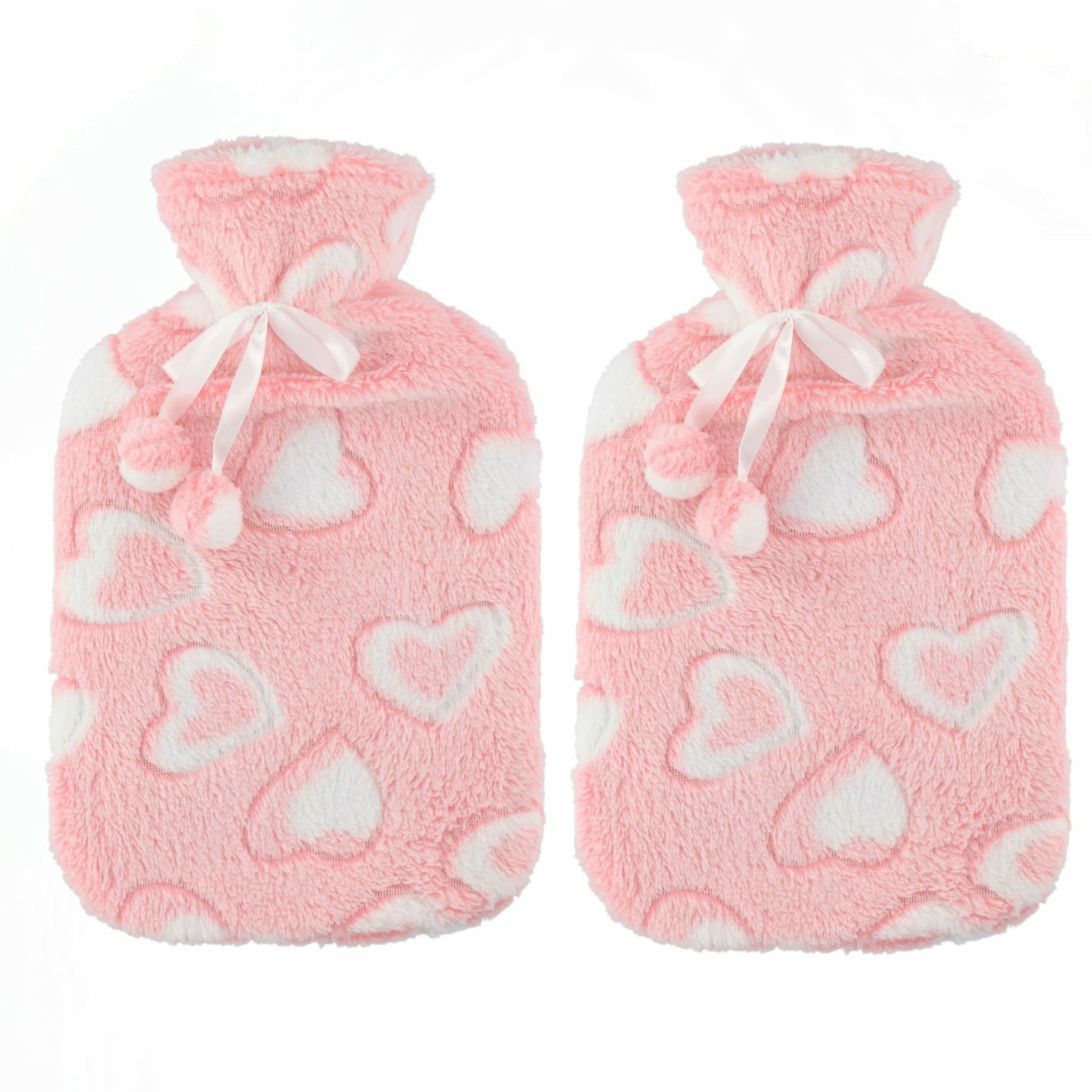 Home & Styling Warmwaterkruik - 2x - 2L - roze/wit - met hoes - kruik - hartjes print -