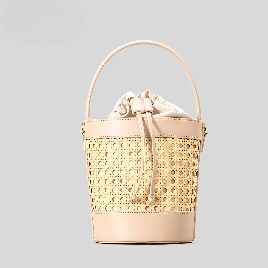 Sports Trend Bag Handgemaakte geweven rotan emmer tas dames strandvakantie skelet trekkoord handtas schouder crossbody tas kaki