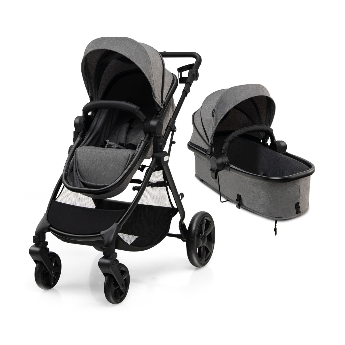 Costway High Landscape-Kinderwagen 2-In-1 Converteerbare Kinderwagen met Verstelbare Luifel en Rugleuning voor 6-36 Maanden Grijs