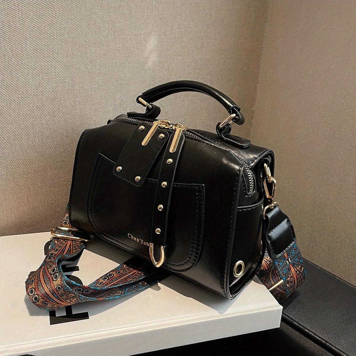 Your favorite bag Retro Kleine Vierkante Crossbody Tas - Etnische Boheemse Top Handvat Tas, Klassieke Dames Handtas Met Brede Band zwart