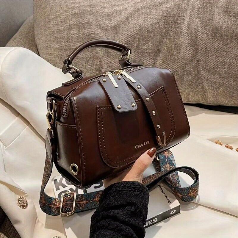 Your favorite bag Retro Kleine Vierkante Crossbody Tas - Etnische Boheemse Top Handvat Tas, Klassieke Dames Handtas Met Brede Band koffie