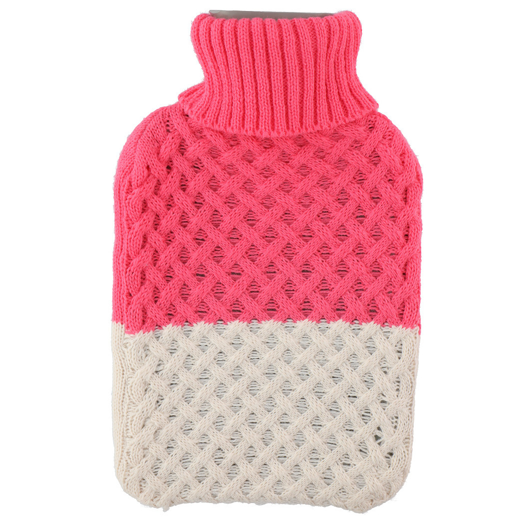 Merkloos Warmwater Kruik - 2 liter - met gebreide hoes - roze/beige - bedkruik -