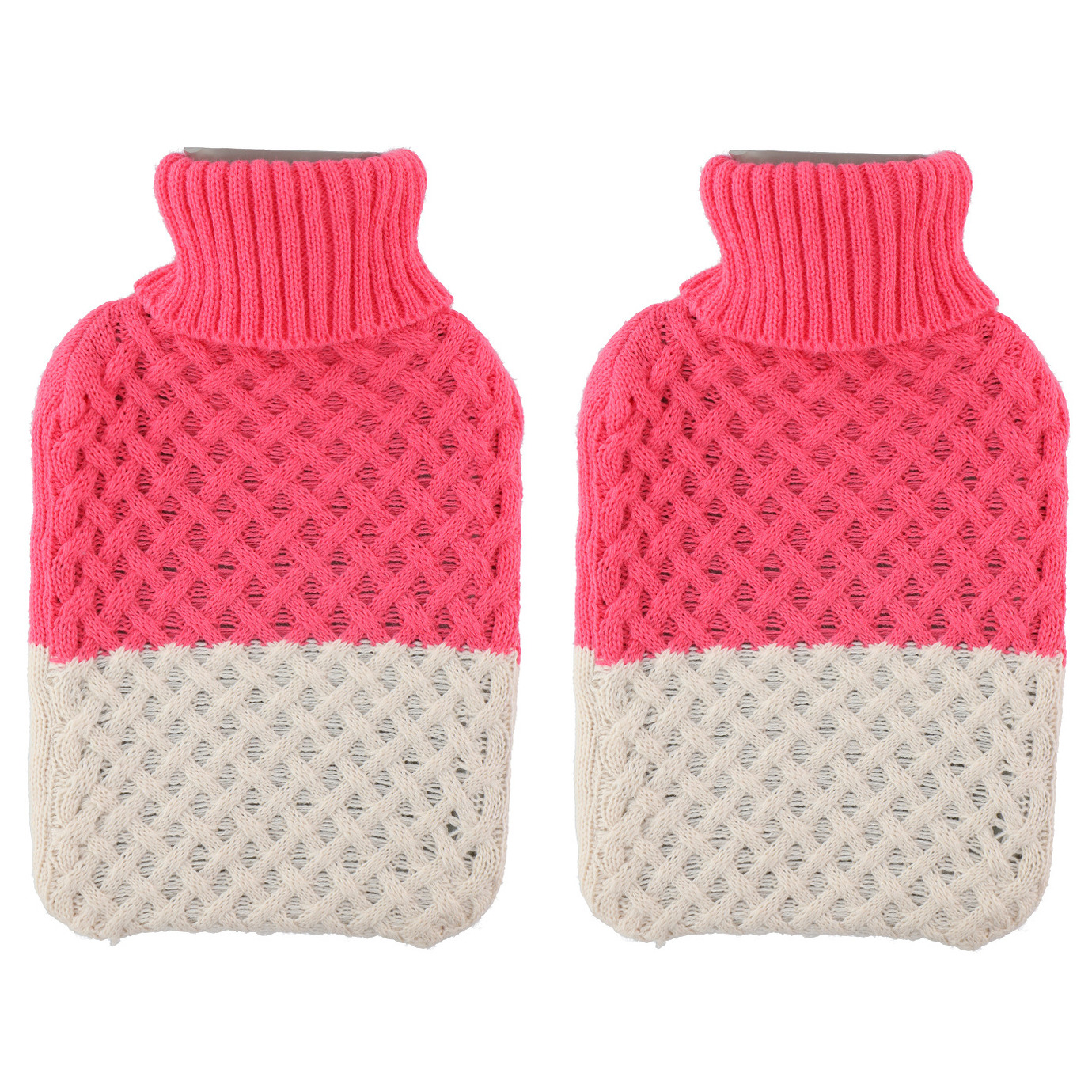 Merkloos Warmwater Kruik - 2x - 2 liter - met gebreide hoes - roze/beige - bedkruik -