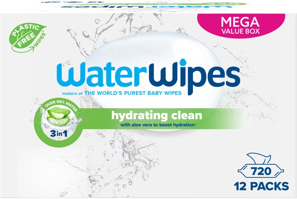Waterwipes Hydrating Clean Billendoekjes – 12 Pack – 720 Babydoekjes met Aloe Vera