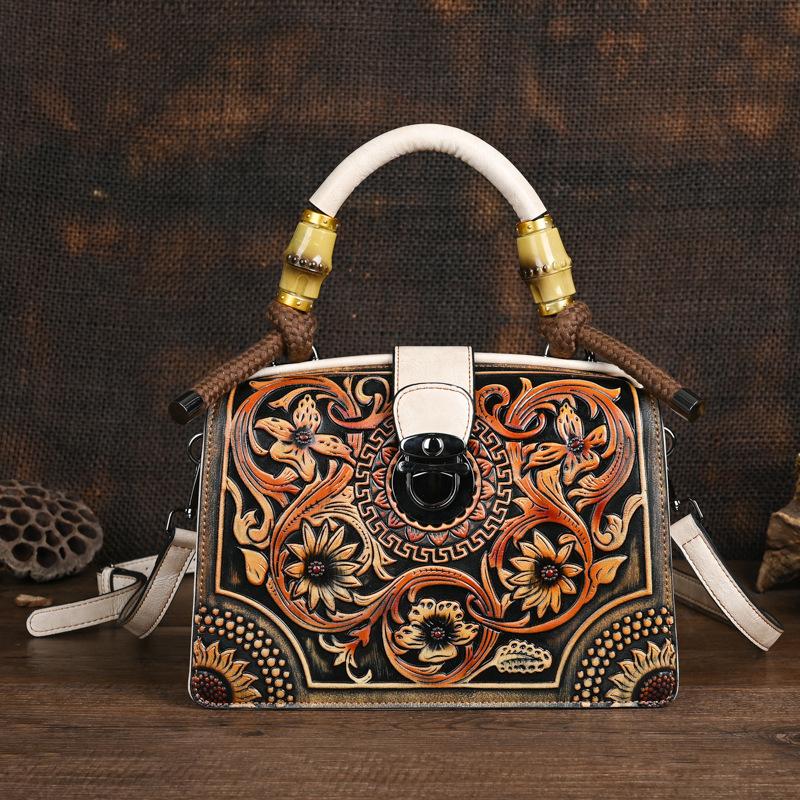 Johnature Vintage luxe handtas handgemaakte lederen gesneden damestas Veelzijdige vrouwelijke schouder- en crossbodytassen