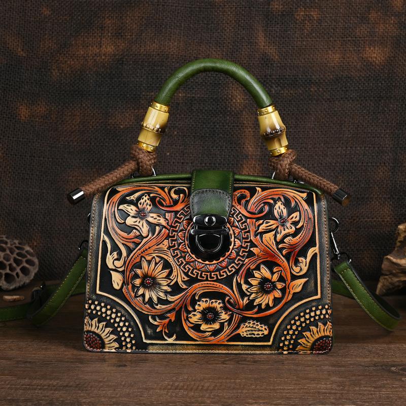 Johnature Vintage luxe handtas handgemaakte lederen gesneden damestas Veelzijdige vrouwelijke schouder- en crossbodytassen