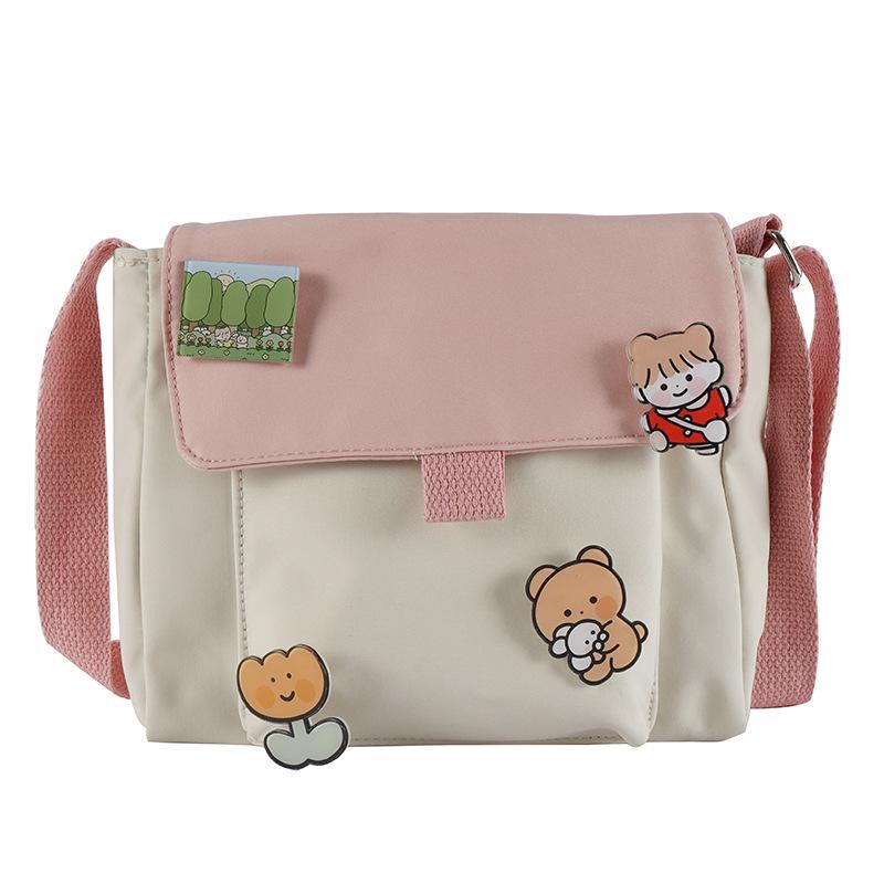 Wonderful Household Vrouwen Mini Cartoon Canvas Schoudertassen Leuke Mobiele Telefoon Tas Voor Studenten Brief Crossbody Rits Flap Tas met badges roze