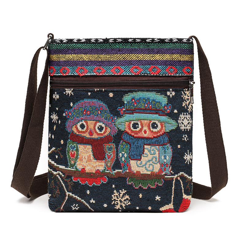Yogodlns Dame Crossbody Schoudertas Telefoon Portemonnee Handtas Etui Etnische Stijl Geborduurde Messenger Bag Retro Kleine Canvas Tas owl