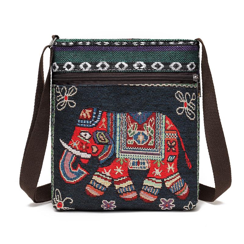 Yogodlns Dame Crossbody Schoudertas Telefoon Portemonnee Handtas Etui Etnische Stijl Geborduurde Messenger Bag Retro Kleine Canvas Tas black elephant