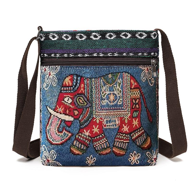 Yogodlns Dame Crossbody Schoudertas Telefoon Portemonnee Handtas Etui Etnische Stijl Geborduurde Messenger Bag Retro Kleine Canvas Tas blue elephant
