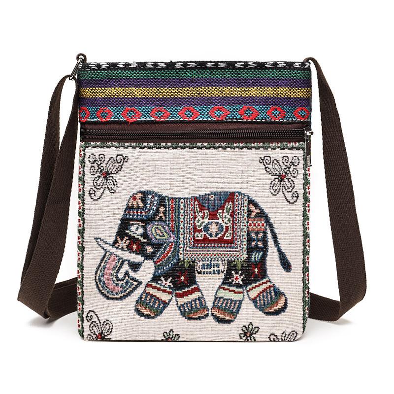 Yogodlns Dame Crossbody Schoudertas Telefoon Portemonnee Handtas Etui Etnische Stijl Geborduurde Messenger Bag Retro Kleine Canvas Tas beige elephant
