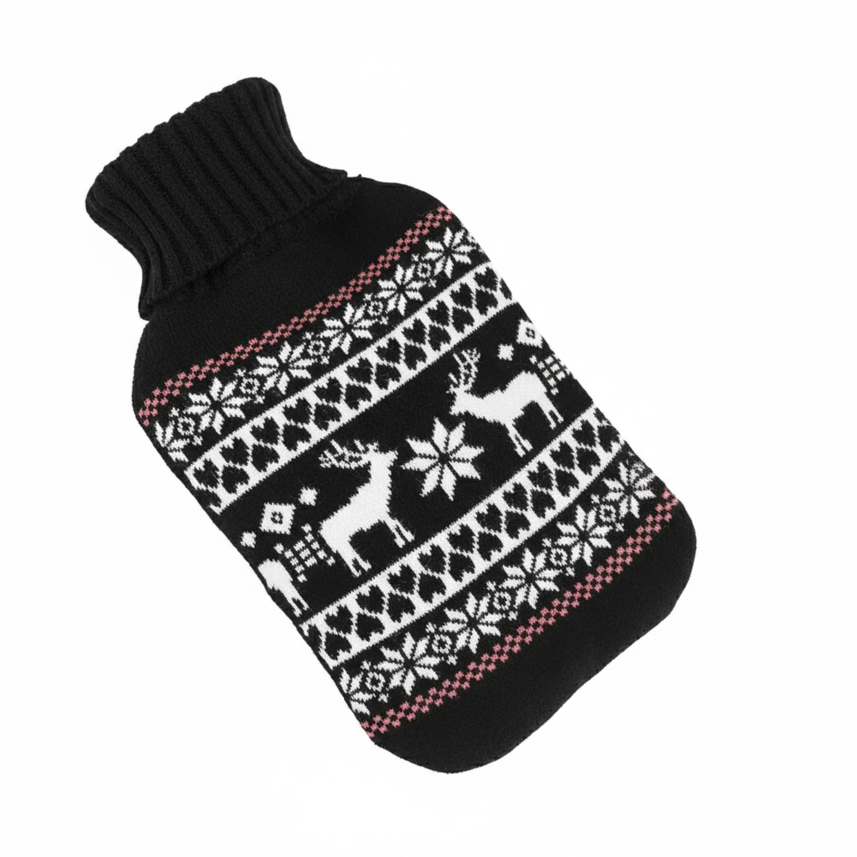 HI Warmwaterkruik - zwart - met hoes - 2L - kerst print - kruik - bedkruik - kruikenzak -