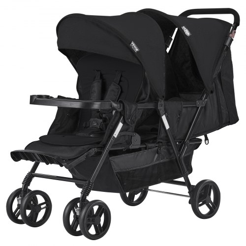 VEVOR Dubbele Kinderwagen, Opvouwbare Lichtgewicht Tweeling Kinderwagen met Tandemzitje, Verstelbare Rugleuning/Voetensteun, Veiligheidsgordel rondom, Opbergmand en Tray, voor Pasgeborenen en Peuters 