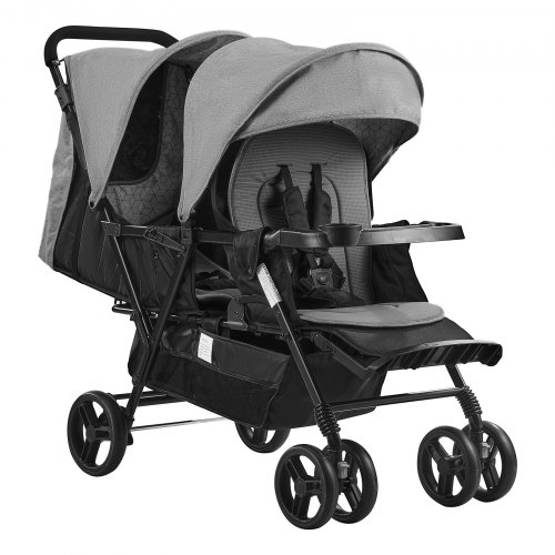 VEVOR Dubbele Kinderwagen, Opvouwbare Lichtgewicht Tweeling Kinderwagen met Tandemzitje, Verstelbare Rugleuning/Voetensteun, Veiligheidsgordel rondom, Opbergmand en Tray, voor Pasgeborenen en Peuters 