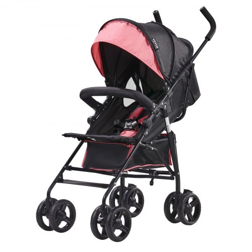 VEVOR lichtgewicht kinderwagen, compact, eenvoudig opvouwbaar met verstelbare rugleuning, frame van koolstofstaal, grote opbergmand, paraplu-kinderwagen voor reizen en meer, zwart/roze