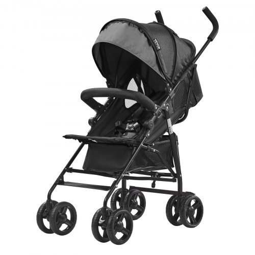 VEVOR lichtgewicht kinderwagen, compact, eenvoudig opvouwbaar, met verstelbare rugleuning, luifel, frame van koolstofstaal, grote opbergmand, bekerhouder, reisbuggy met paraplu, donkergrijs/zwart