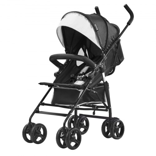 VEVOR lichtgewicht kinderwagen, compact, eenvoudig opvouwbaar met verstelbare rugleuning, frame van koolstofstaal, grote opbergmand, paraplu-kinderwagen voor reizen en meer, zwart/wit