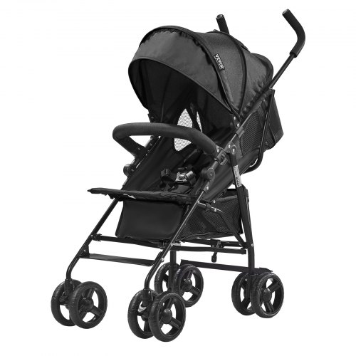 VEVOR lichtgewicht kinderwagen, compact, eenvoudig opvouwbaar met verstelbare rugleuning, frame van koolstofstaal, grote opbergmand, bekerhouder, paraplu-kinderwagen voor reizen en meer, zwart